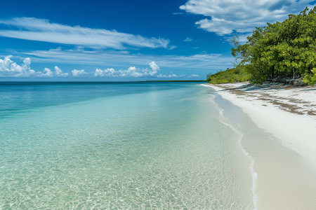 A serene tropical beach landscape showcasing stunning turquoise water, soft white sand, and lush vibrant greenery. Generative AIの素材