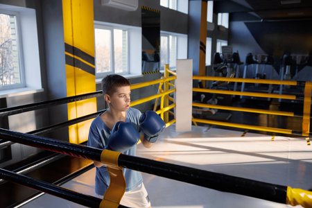 Teenage boy boxer engaged in intense training session inside boxing ringの写真素材