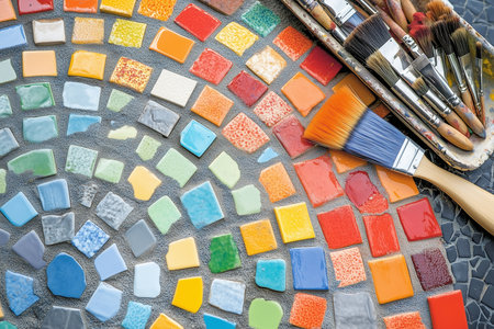 Vibrant mosaic art displaying colorful tiles and painting brushes, perfect for creative inspiration. Generative AIの素材