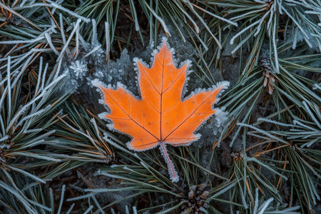 Frosty maple leaf delicately resting upon pine needles. Generative AIの素材