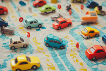 A lively and colorful collection of toy cars is surrounded by a variety of playful road signs on textured fabric. Generative AIの素材