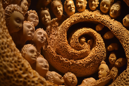 Spiraled formation features intricately carved faces that blend artistry with the beauty of nature. Generative AIの素材