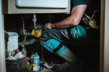A skilled plumber is working discreetly under a kitchen sink, showcasing expertise and urgency in his task. Generative AIの素材