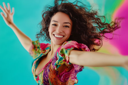 Lively salsa woman dancer mid-spin with vibrant colors in the background. Generative AIの素材