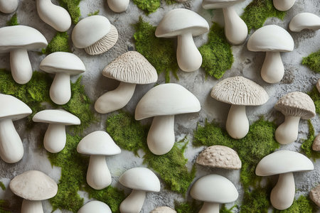 A beautifully vivid display of various assorted mushrooms nestled amidst lush, vibrant green moss. Generative AIの素材