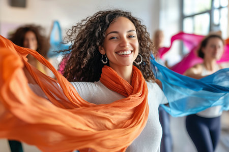 Cheerful dance therapist leading movement session, with colorful scarves flowing encouraging group with warm smile. Generative AIの素材