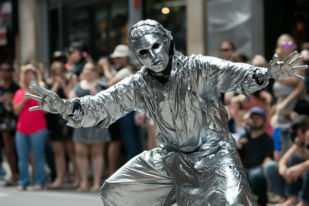 Performer clad completely in silver captivates and wows the audience with incredible street art performances. Generative AIの素材