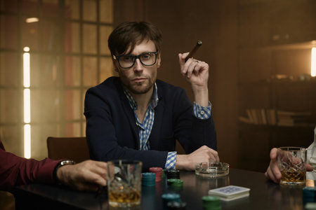 Man holding a cigar at a poker table with alcohol drink nearbyの写真素材