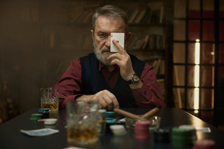 A focused gentleman with a groomed beard holds a playing cardの写真素材