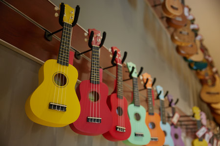 A beautiful row of colorful ukulele guitars is hanging on a wallの写真素材