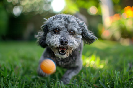 Playful dog rests on soft grass, embodying joy on a sunny day. Generative AIの素材