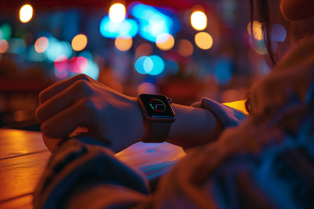 Person is seen wearing a stylish smart watch on their wrist, showcasing their keen sense of fashion and uptodate technology. Generative AIの素材