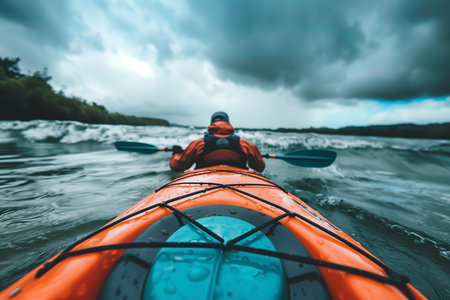 Water sport on a lively river. Kayaking on a river at midday with cloudy weather. Generative AIの素材