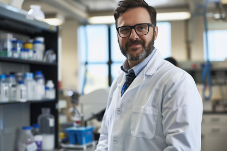 Scientist presenting research findings in a lab, bright natural light, confident mood. Man telling about his project in laboratory. Generative AIの素材