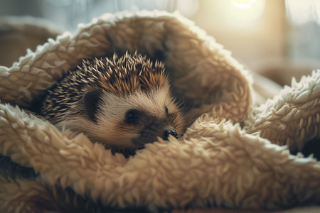 A charming, adorable hedgehog lying comfortably within a soft, warm blanket, truly embodying comfort and coziness. Generative AIの素材