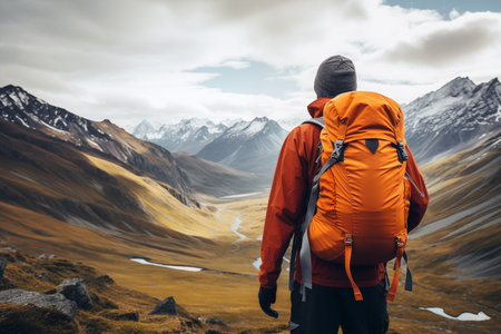 Young man traveler with backpack enjoying hiking adventure and standing over misty mountain valley landscape. Generative AIの素材