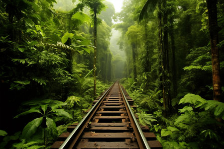 Railroad path in misty jungle rain forest with lush foliage. Travel by train and tourism. Generative AIの素材