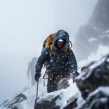 Man backpacker with touristic group hiking in snowy mountain. Winter adventure, active vacation. Generative AIの素材