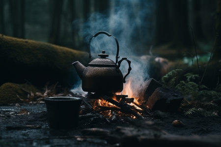 Small metal kettle on camp fire for brewing coffee or tea. Rest stop while traveling outdoor recreation. Generative AIの素材