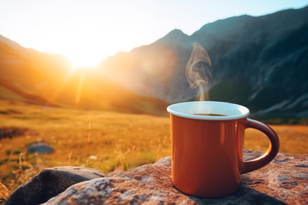 Closeup steaming hot coffee drink in touristic mug against misty mountains ridge. Generative AIの素材