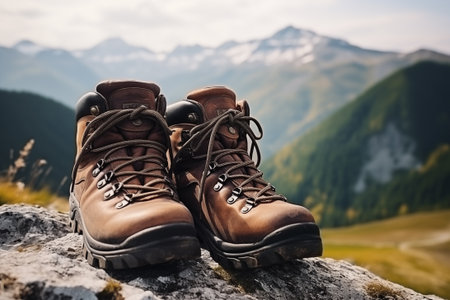 Pair of traveler hiking boots on rock over mountain valley. Trekking shoes. Generative AIの素材