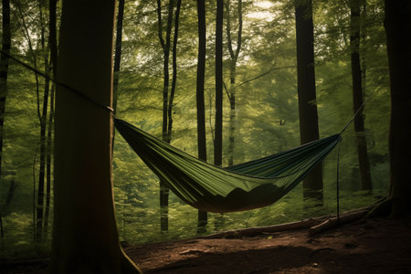 Hammock hung between two trees in forest. Camping trip and natural retreat. Generative AIの素材