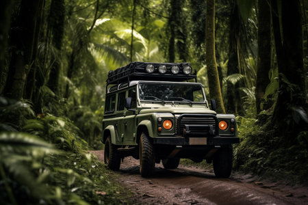 Off-road jeep car riding in picturesque forest. Car road trip outdoors adventure. Generative AIの素材