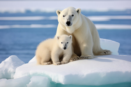 Family of white polar bear on crystal clear glaciers. Wildness area against frozen sea ocean landscape. Generative AIの素材