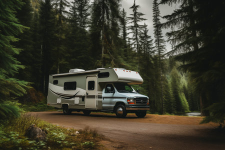 RV trailer and campground for travelers in forest. Outdoor adventure and picnic on nature. Generative AIの素材