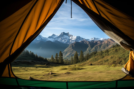 Beautiful lake calm water surface in mountain view from tent. Travel and outdoors camp. Generative AIの素材