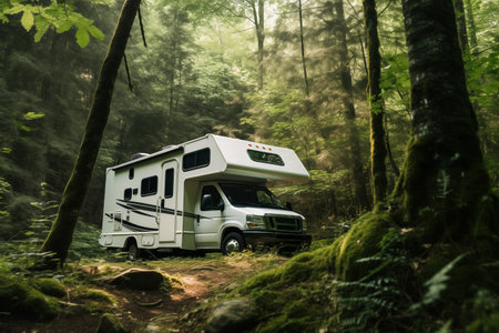 Recreational trailer and campground for travelers in forest. Outdoor adventure and picnic on nature. Generative AIの素材