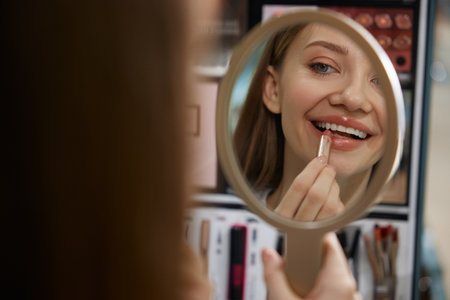 A woman is carefully applying bright lipstick while looking in a mirrorの写真素材