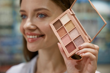 A woman is elegantly holding a colorful makeup palette in her hand