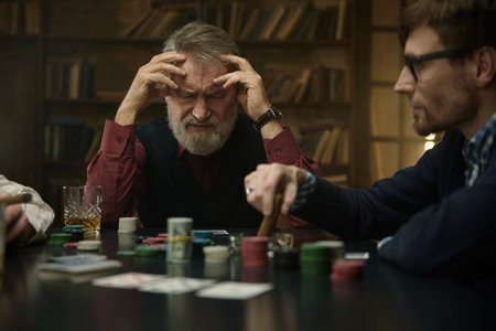 An intense poker game in a vintage library featuring men company