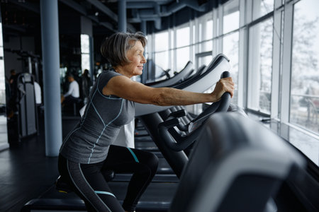 Elderly woman riding an exercise bike in a bustling gymの写真素材