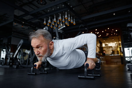 Mature man is doing push-ups in a modern gym