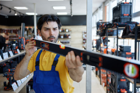 A man worker taking measurements using a bubble level tool inside a storeの写真素材