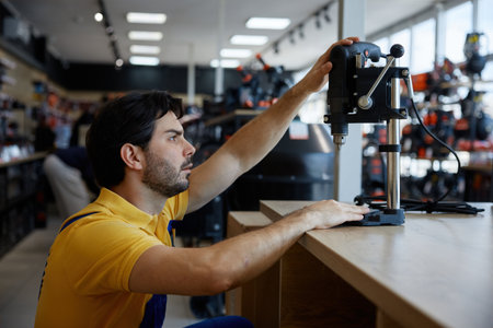 A male worker is diligently working on a drilling machine
