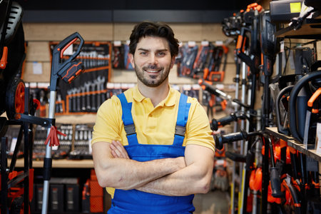 A man worker standing in a retail store with his arms crossed, looking at camera