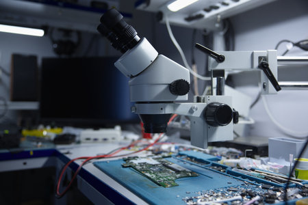 An advanced microscope in the electronics lab for detailed circuit board analysis