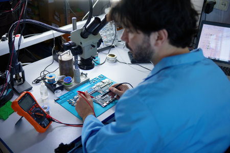 Technician actively engaged in critical work on circuit board while observing under a microscope