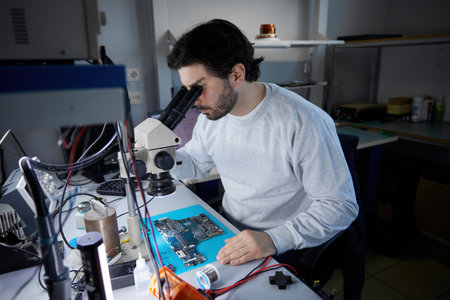 A man worker is focused on working with a motherboard