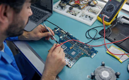 Technician man worker is focused on working with a motherboardの写真素材