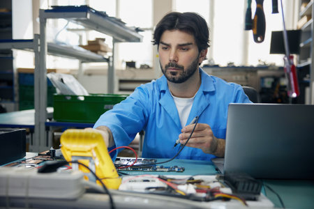 A man worker dressed in a blue coat is focused on working with a motherboardの写真素材