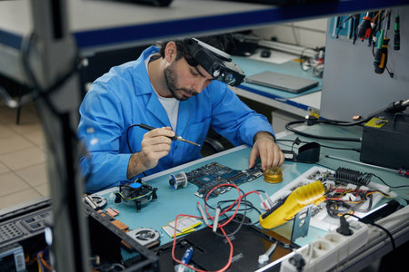 A man technician is fully focused on workingの写真素材