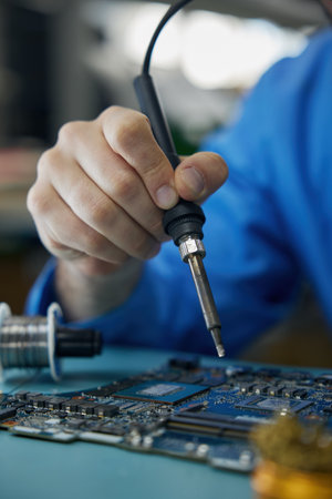 Closeup of an individual skillfully using a soldering iron on a motherboardの写真素材