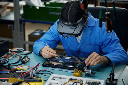 A man soldering technician dressed in a blue lab coat is diligently repairing a laptop