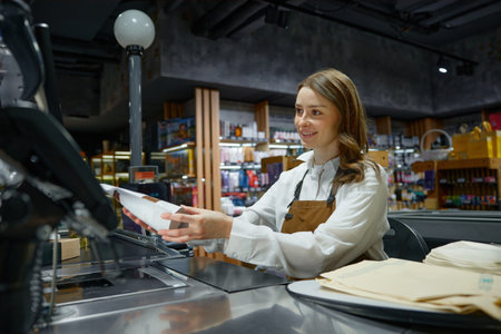 A woman cashier at a store counter is scanning an itemの写真素材
