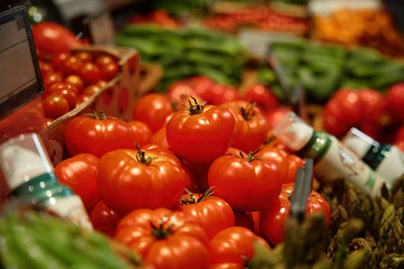 Fresh tomatoes are prominently displayed in a grocery storeの写真素材