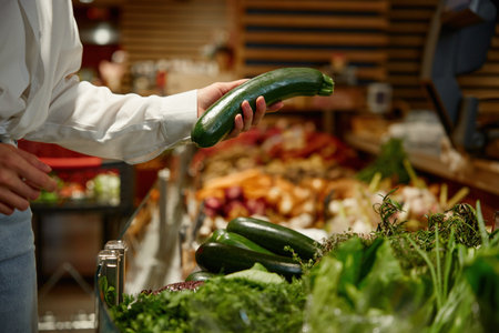 An individual is holding a zucchini right in front of a variety of vegetablesの写真素材